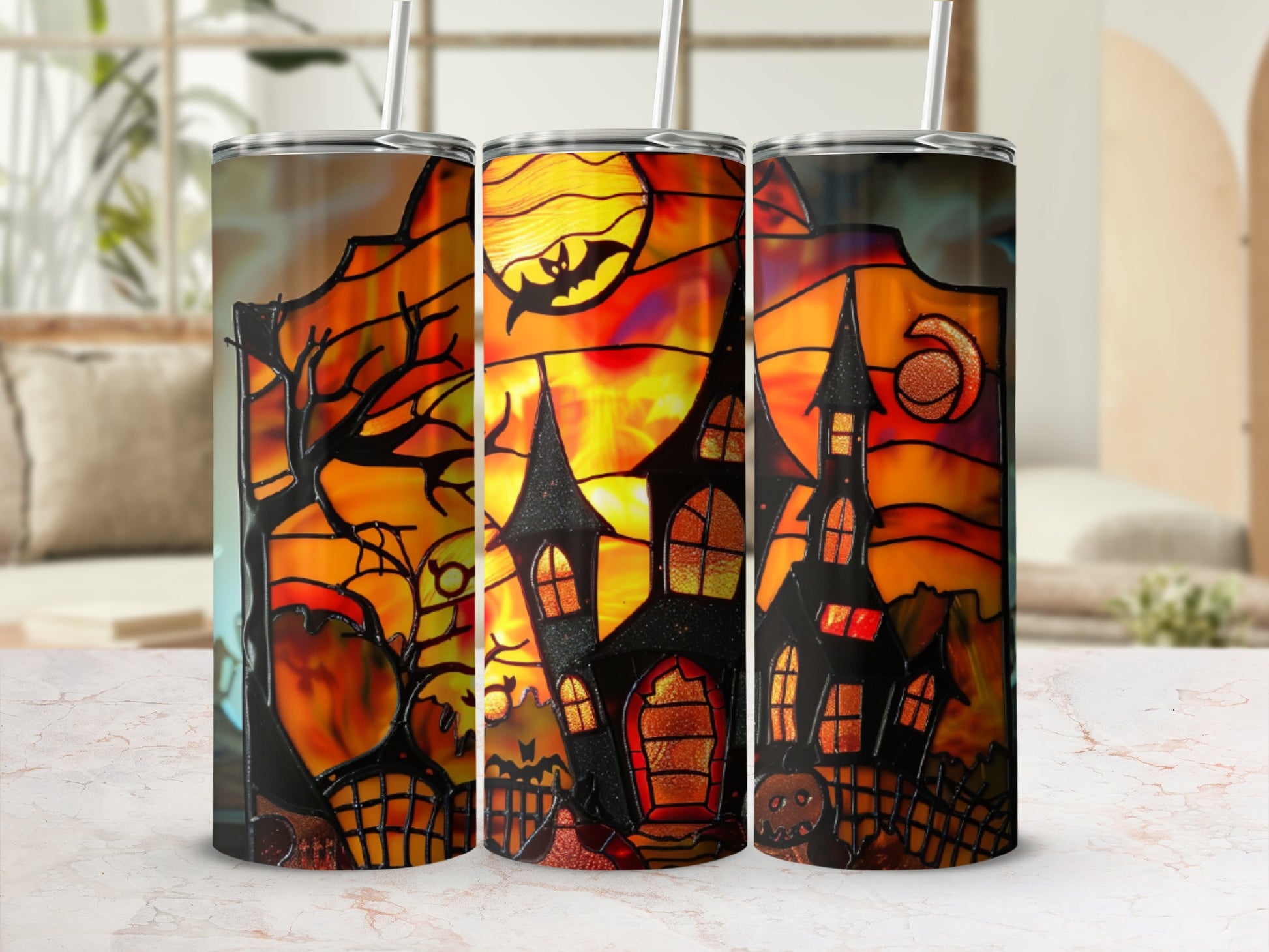Halloween tumbler with haunted castle, moon, and bats.