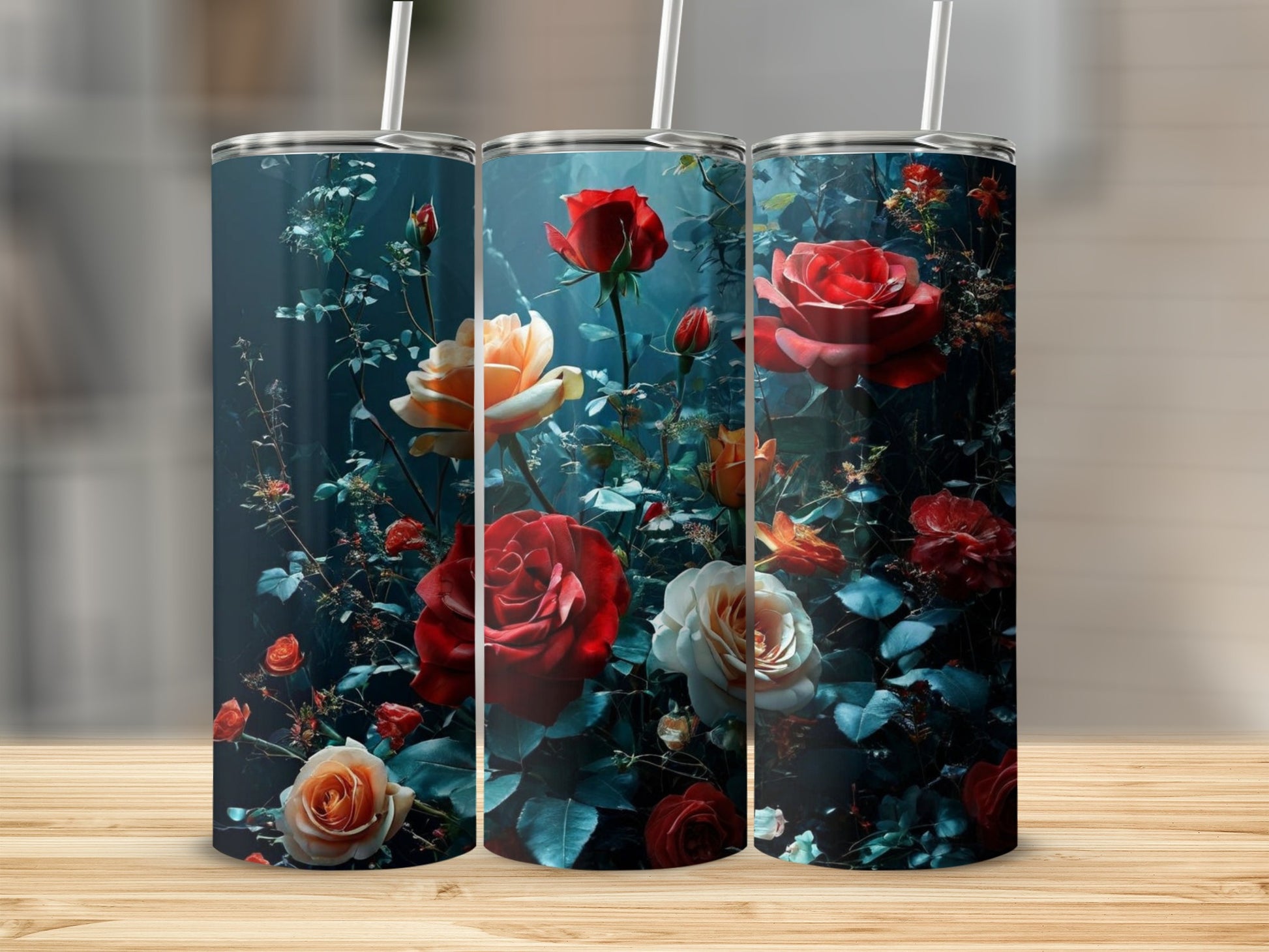 Three tumblers adorned with vibrant red and peach roses on a dark floral background.