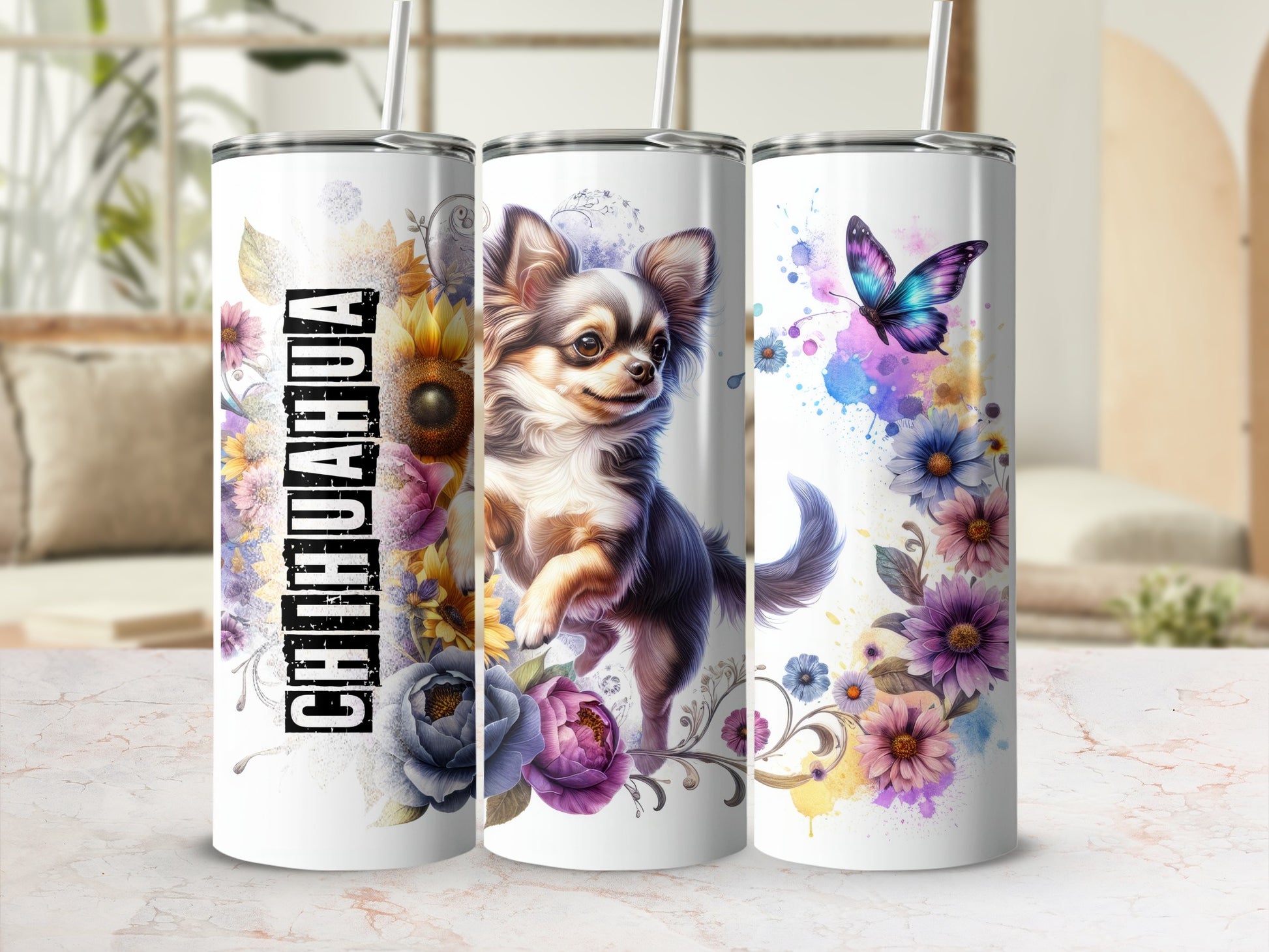 Chihuahua and floral design on three tumblers.