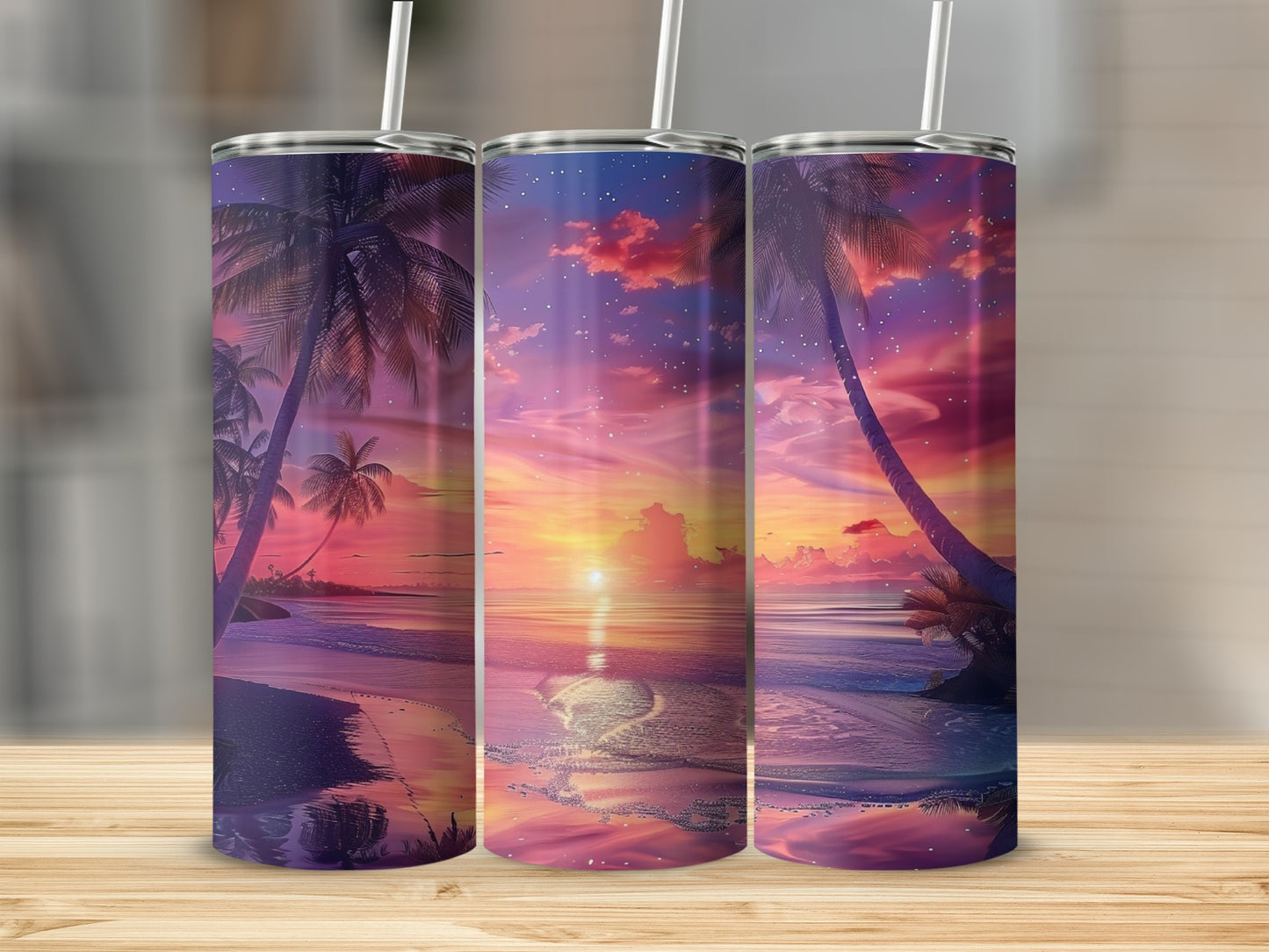 Sunset over ocean with palm trees, reflected on beach sand, on three tumblers.