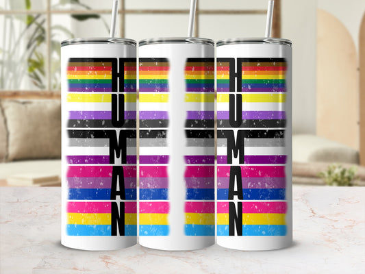 Three tumblers with "HUMAN" text and LGBTQ+ pride flags.