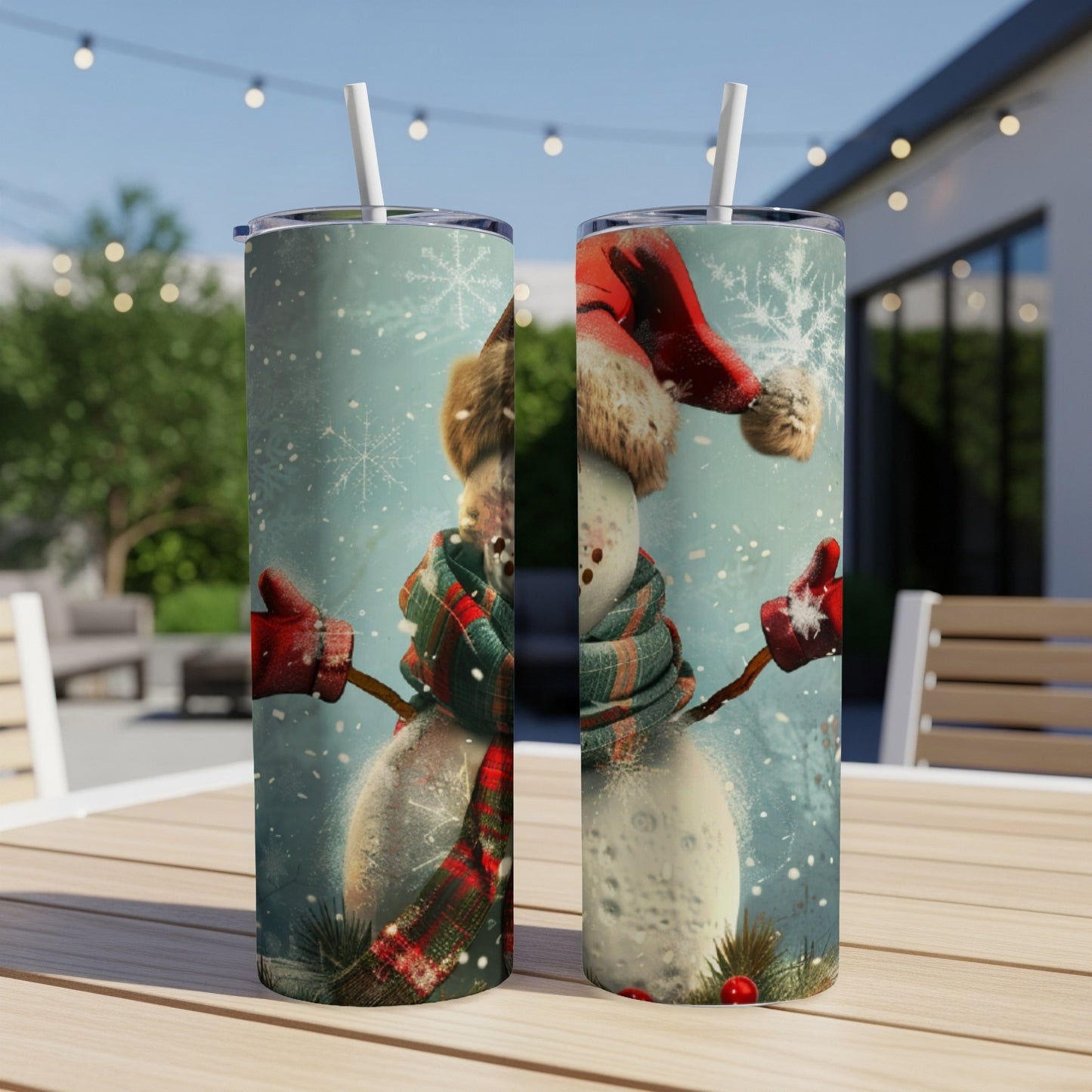 Two snowmen wearing Santa hats and scarves on a festive background.