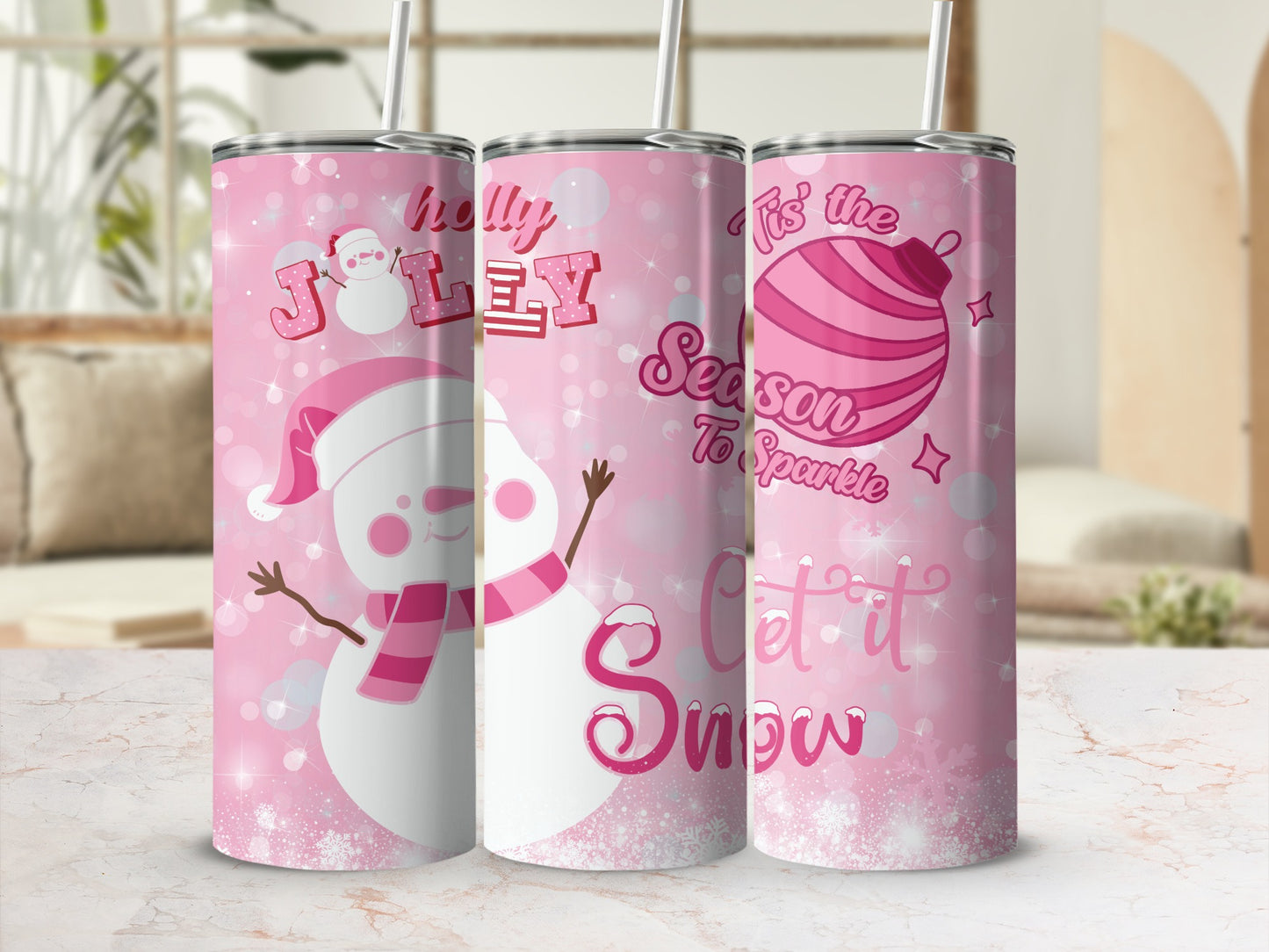 Cute Festive Pink Christmas Tumblers With Snowmen