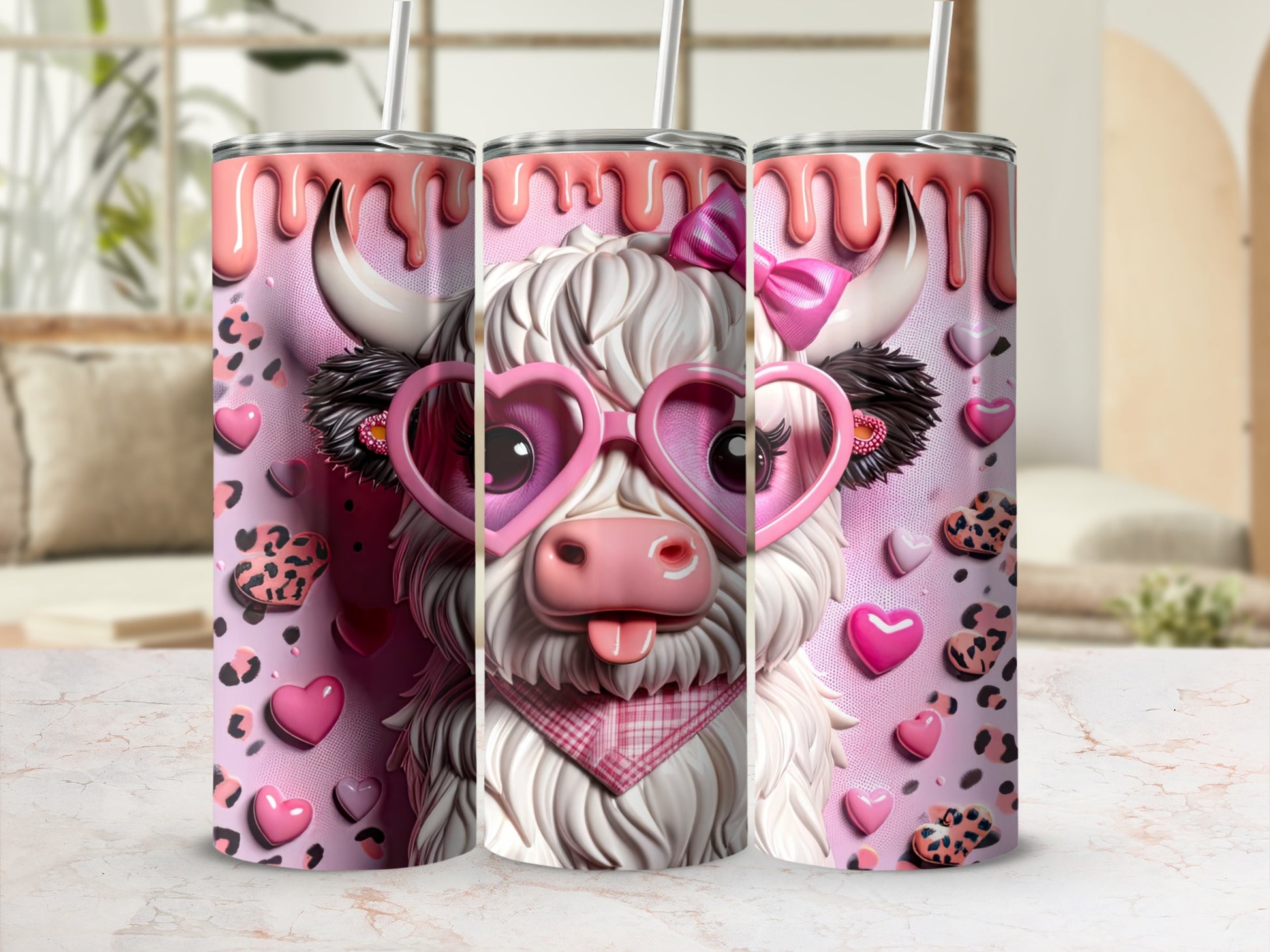 Pink cow wearing heart-shaped glasses and bandana, with pink hearts background.