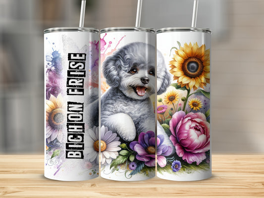 Bichon Frise dog with sunflowers and flowers on a tumbler.