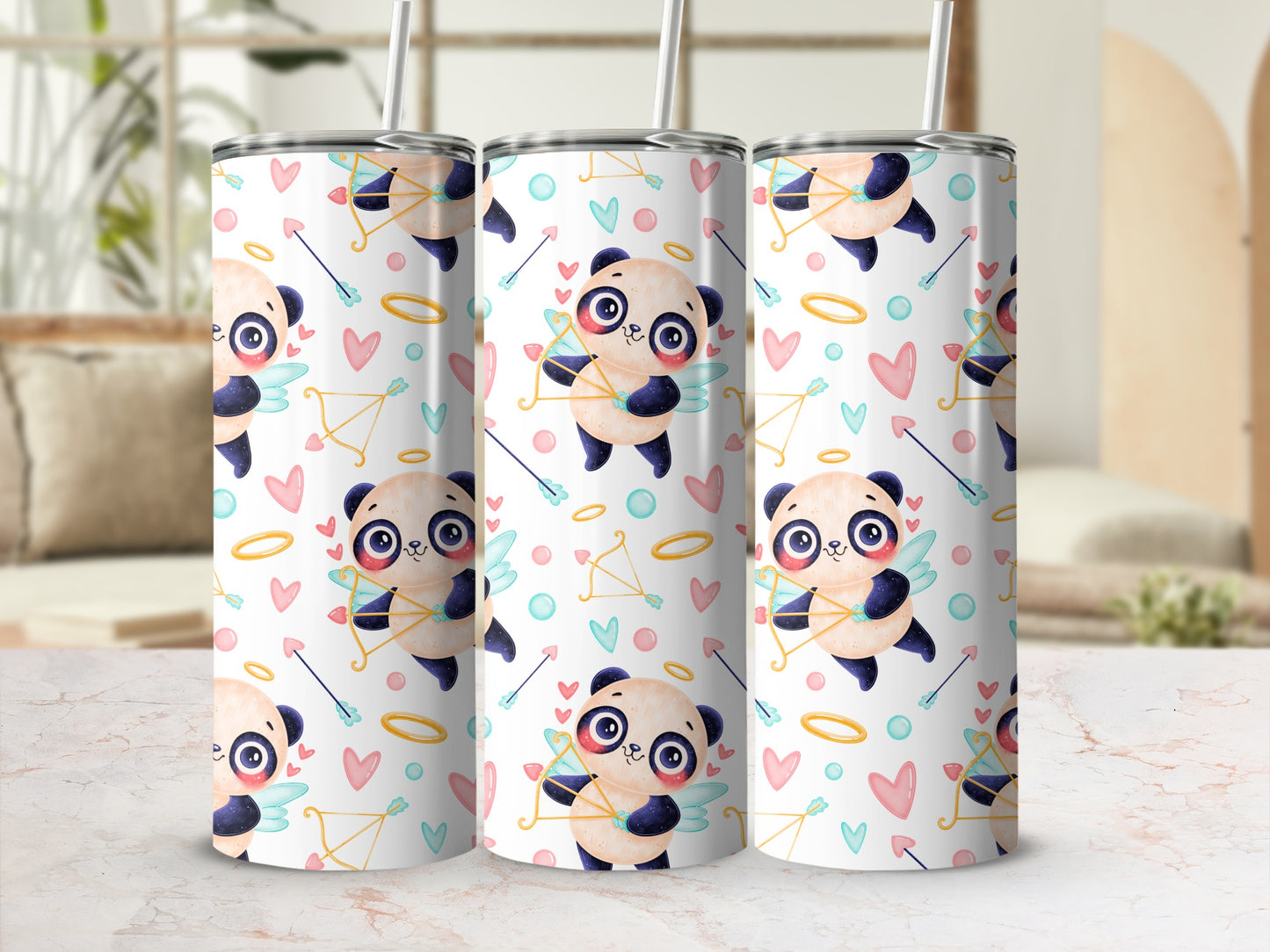 Cute Panda Designs with Hearts and Arrows Tumbler