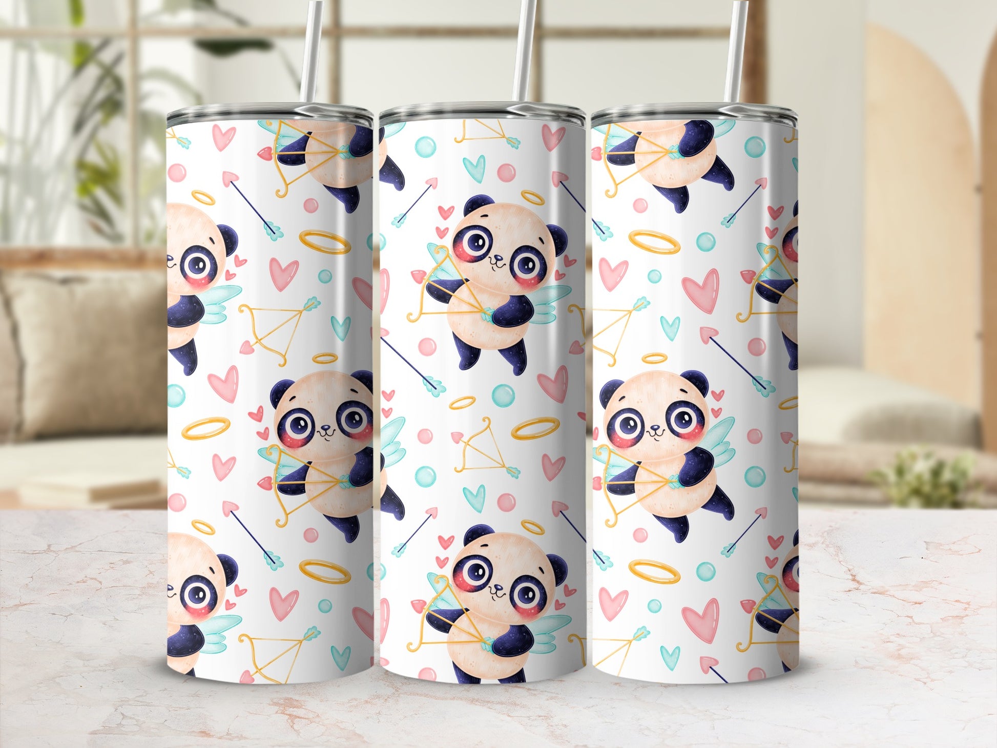 Cute Panda Designs with Hearts and Arrows Tumbler
