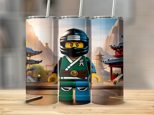 Green Lego ninja with black mask and traditional Japanese architecture background.