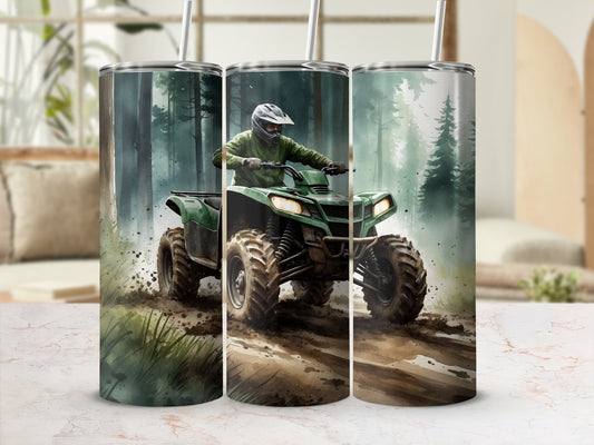 Green ATV riding through muddy forest trail, watercolor style