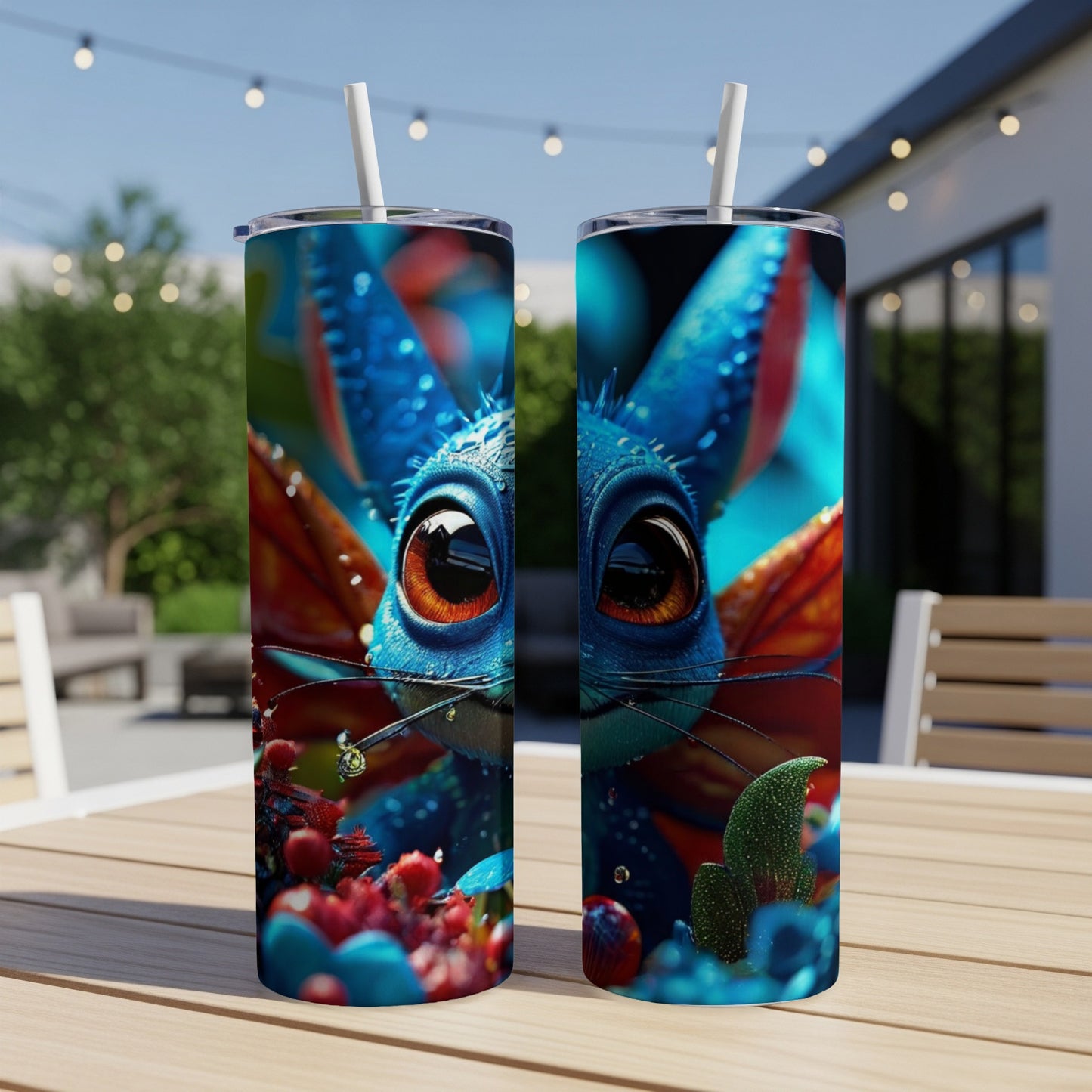 Two blue dragons with orange eyes and iridescent wings on tumblers.