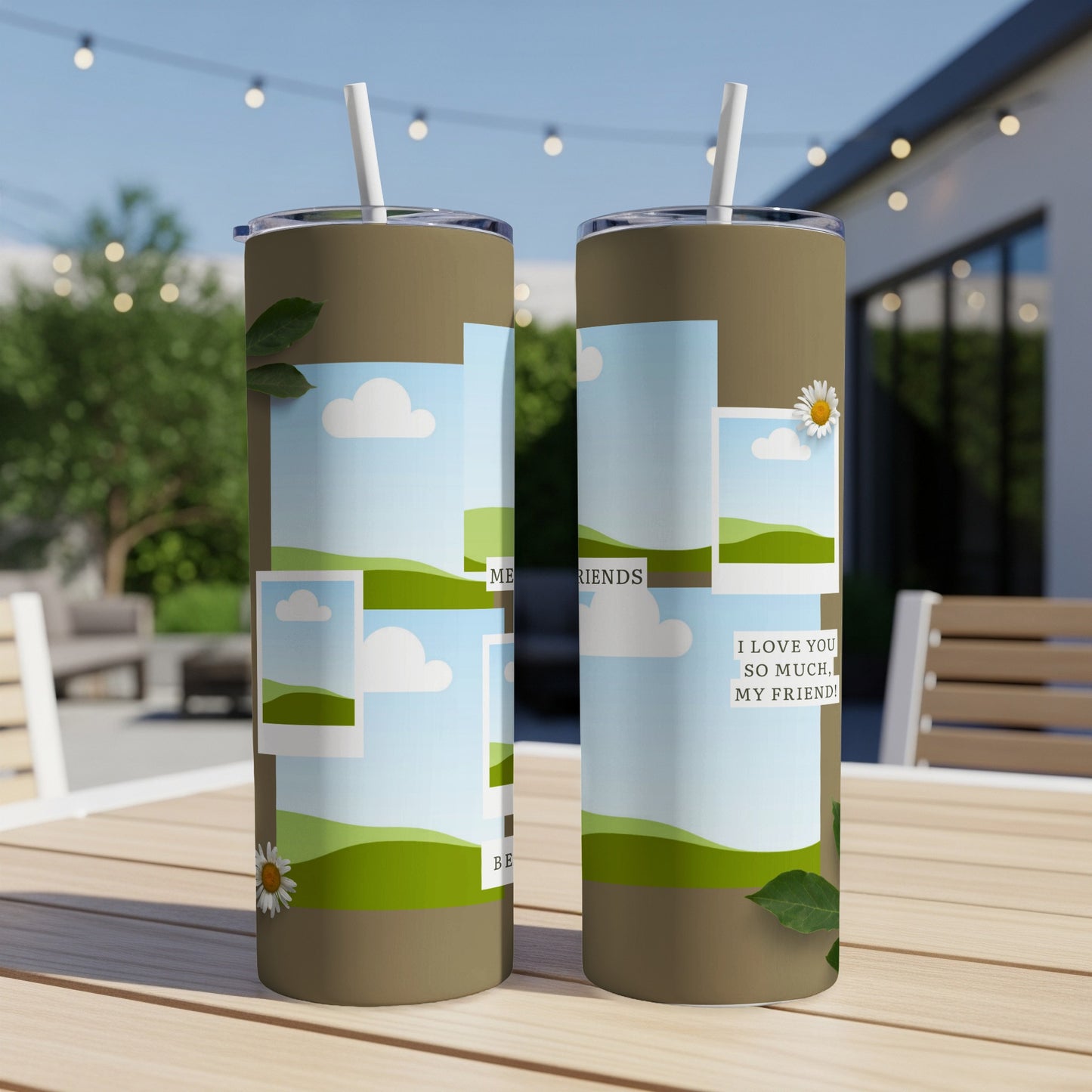 Brown tumblers with a collage of nature scenes and text, "ME" and "FRIENDS" and "I LOVE YOU SO MUCH, MY FRIEND!".