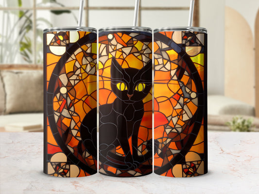 Black cat with yellow eyes within a stained glass pattern.
