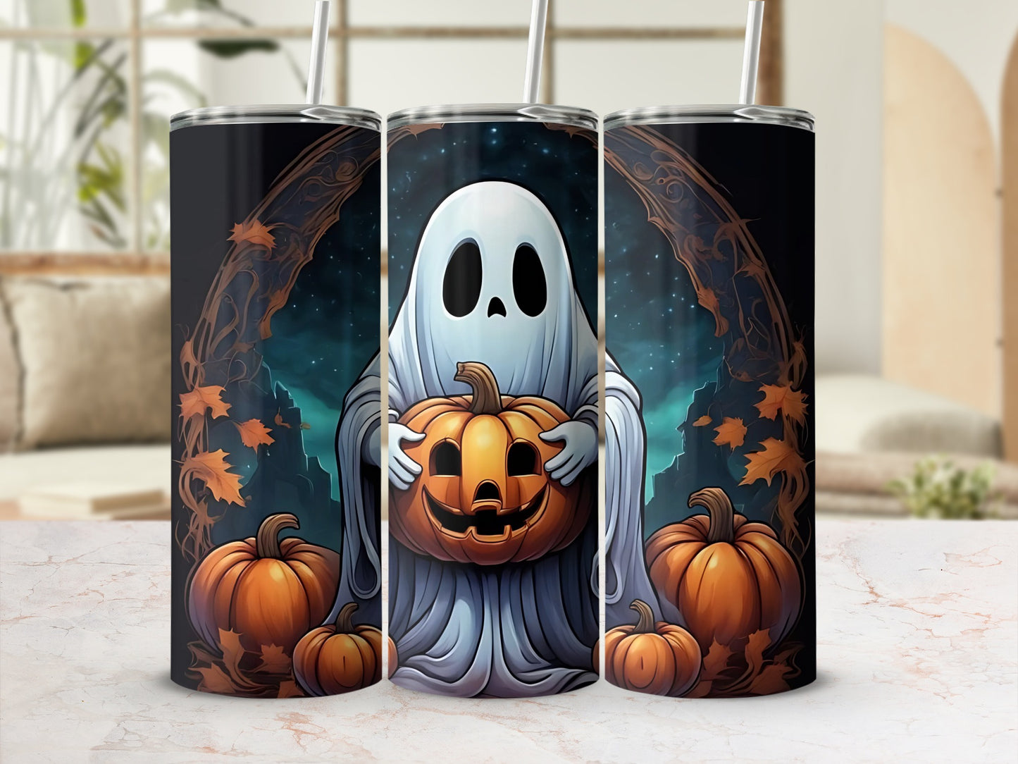 Ghost holding jack-o'-lantern with pumpkins and autumn leaves on tumbler.