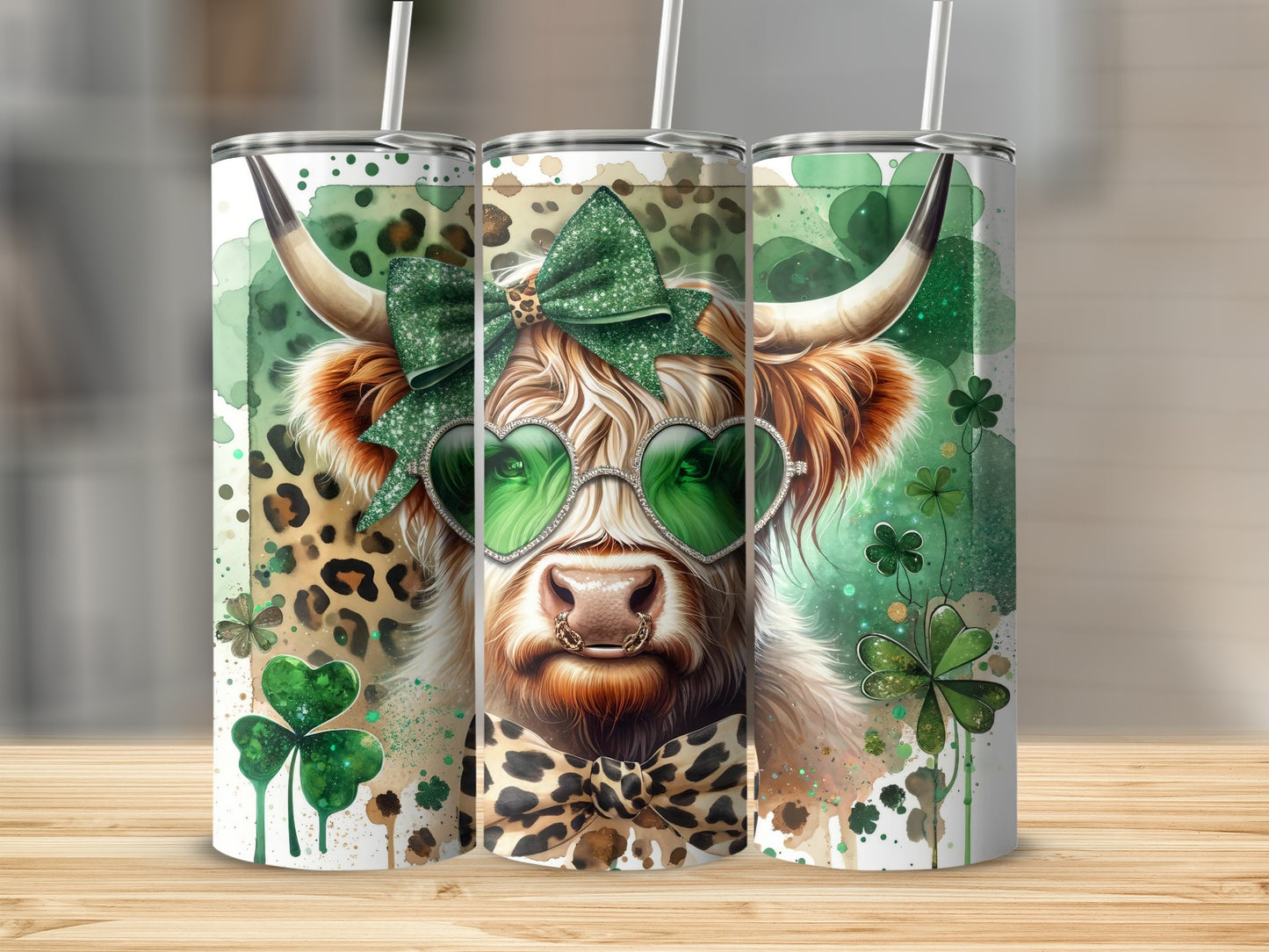 St. Patrick's Day Highland cow tumbler with green heart sunglasses and bow.