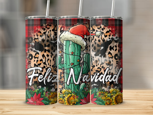 Green cactus wearing Santa hat with "Feliz Navidad" text on plaid background.