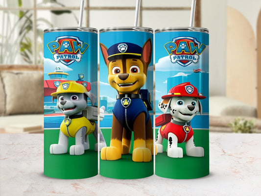Paw Patrol tumblers featuring Chase, Marshall, and Rubble with Paw Patrol logo.