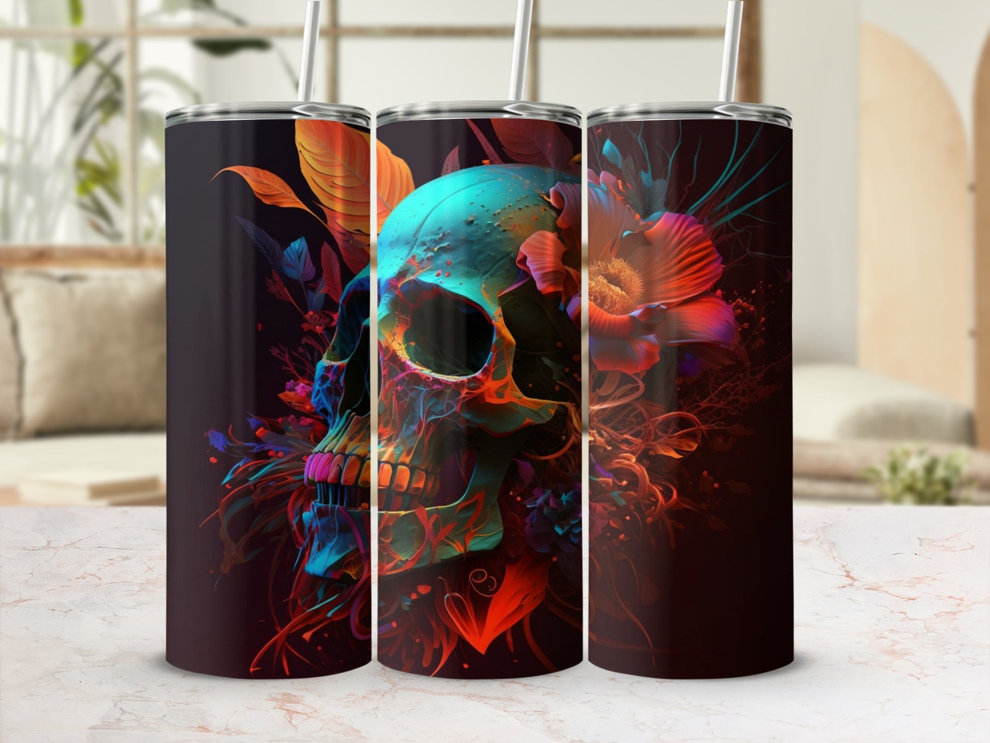 Vibrant Skull and Flowers Thermos Tumbler with Straw
