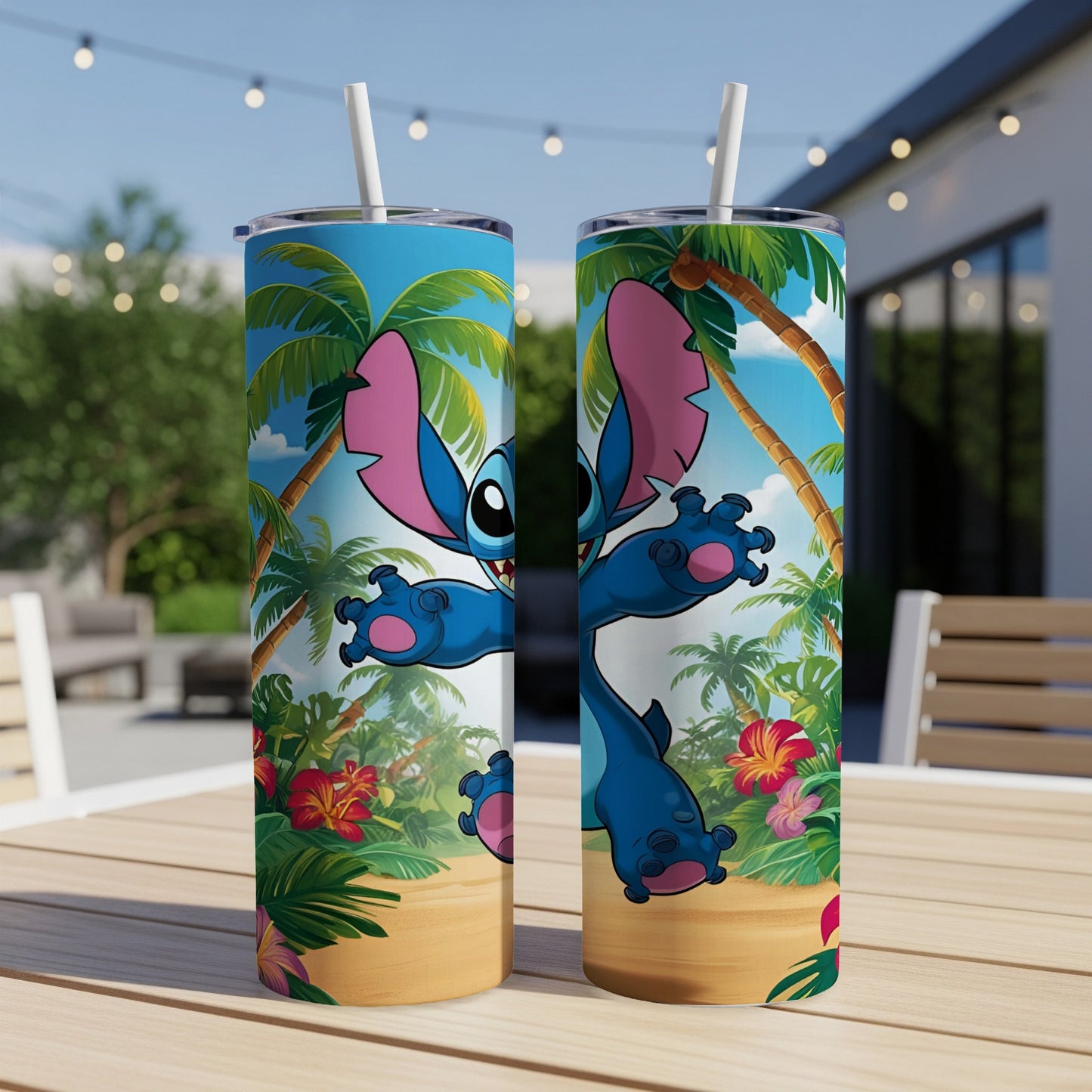 Stitch character on a tropical beach tumbler with palm trees and flowers.