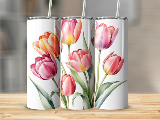Three tumblers with a watercolor painting of pink and orange tulips.