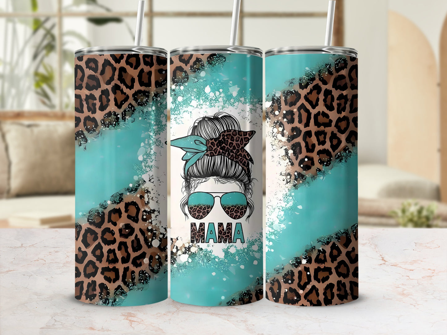 Leopard Print Mama Design Tumbler Cup with Straw