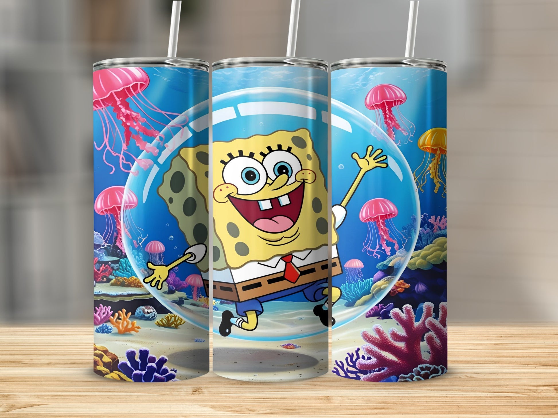SpongeBob SquarePants character jumping in a clear bubble with jellyfish and coral.