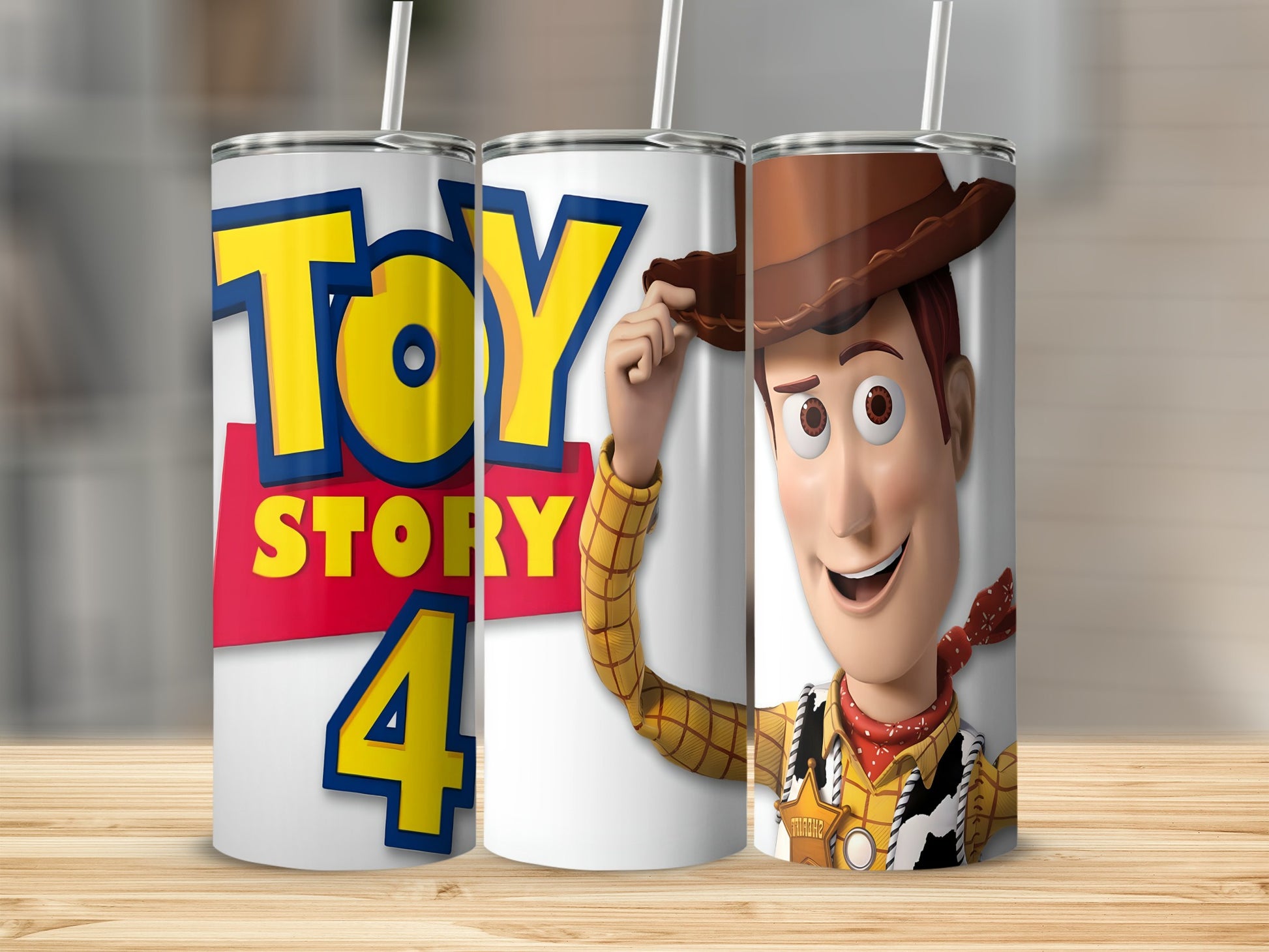 Woody from Toy Story 4 on a tumbler with "Toy Story 4" text.