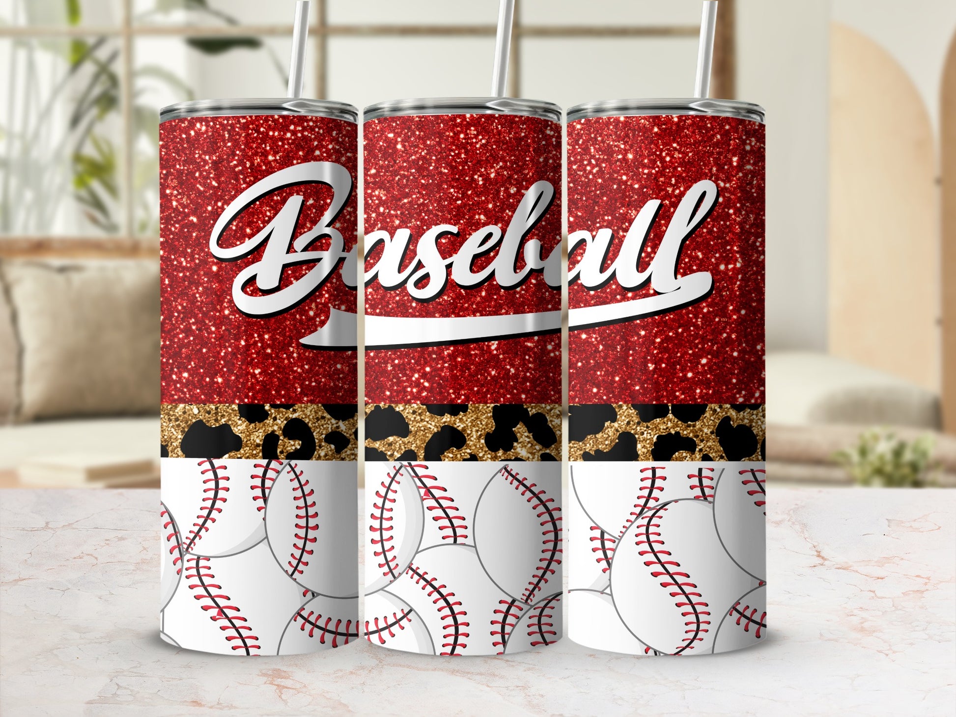 Baseball Print Red Glitter Leopard Baseball Tumbler