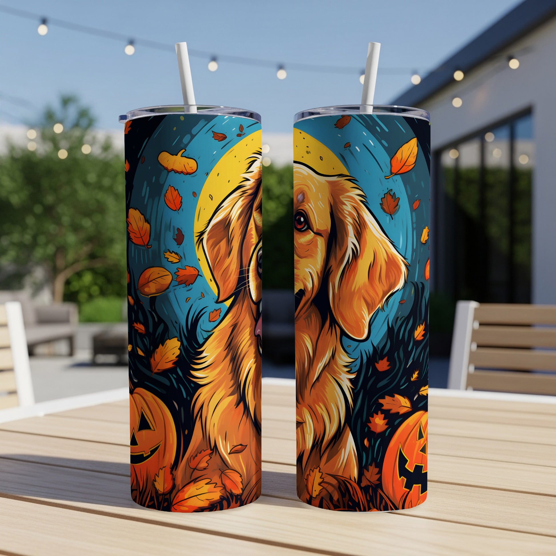 Two tumblers with a golden retriever and Halloween pumpkins design.