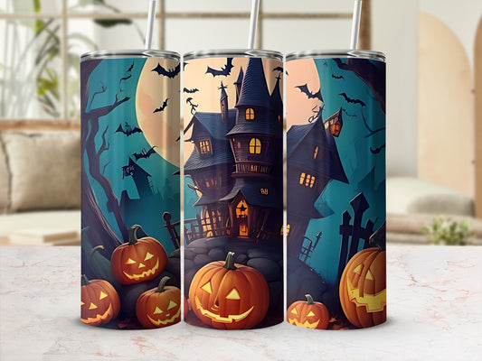 Three tumblers featuring a spooky Halloween scene with a haunted house, pumpkins, and bats.