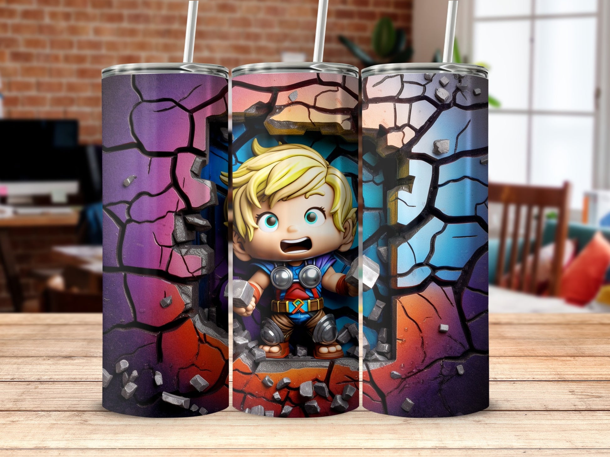 Colorful Cracked Wall Design Tumbler with Character Artwork