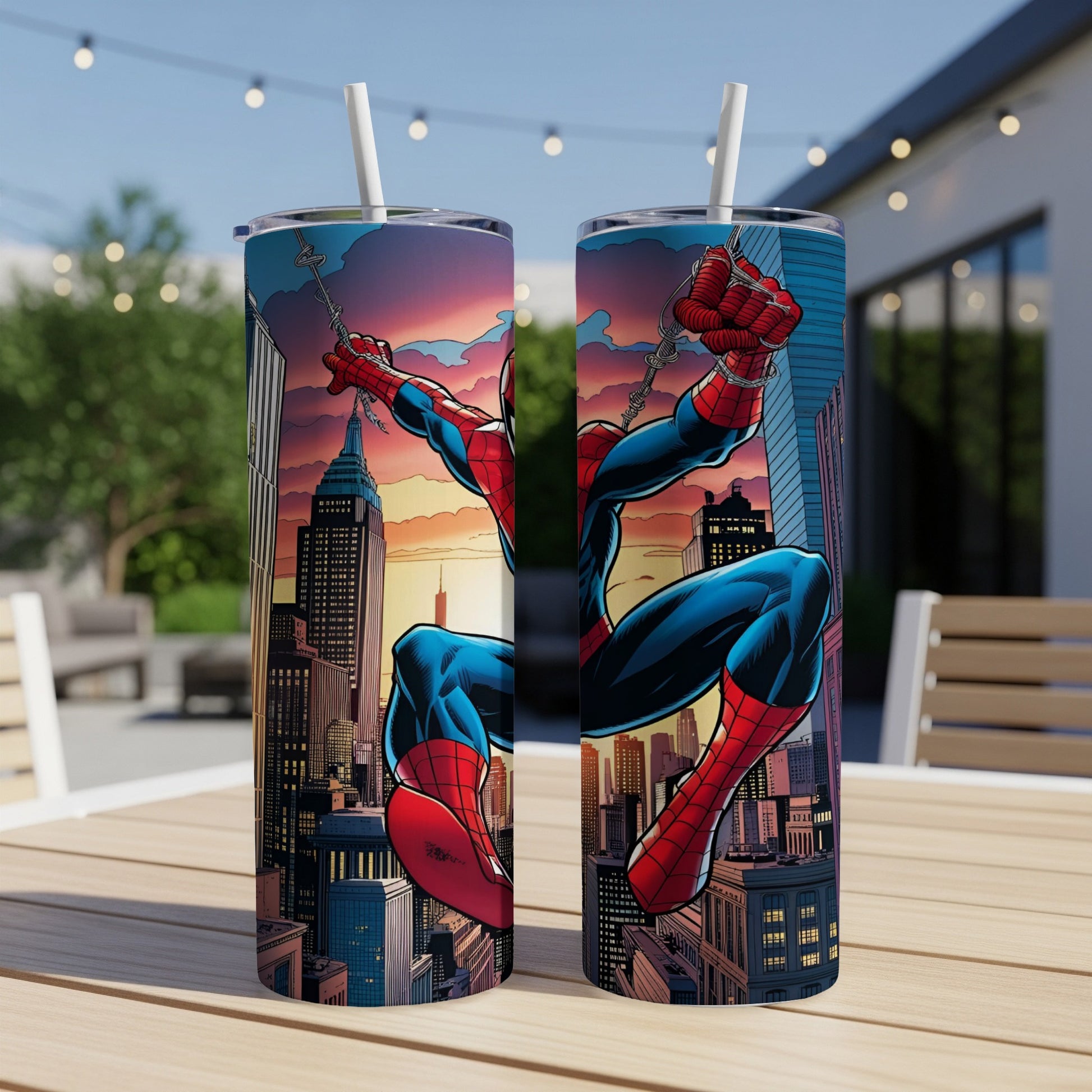 Spiderman swinging through a city at sunset on two tumblers.