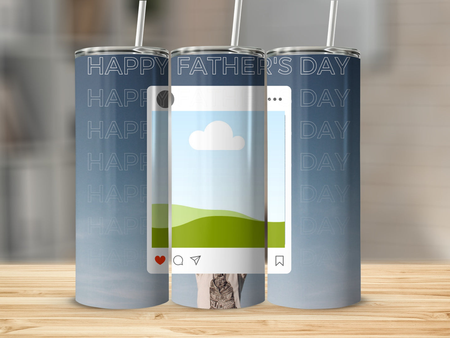 Tumblers with "Happy Father's Day" text and social media post graphic.