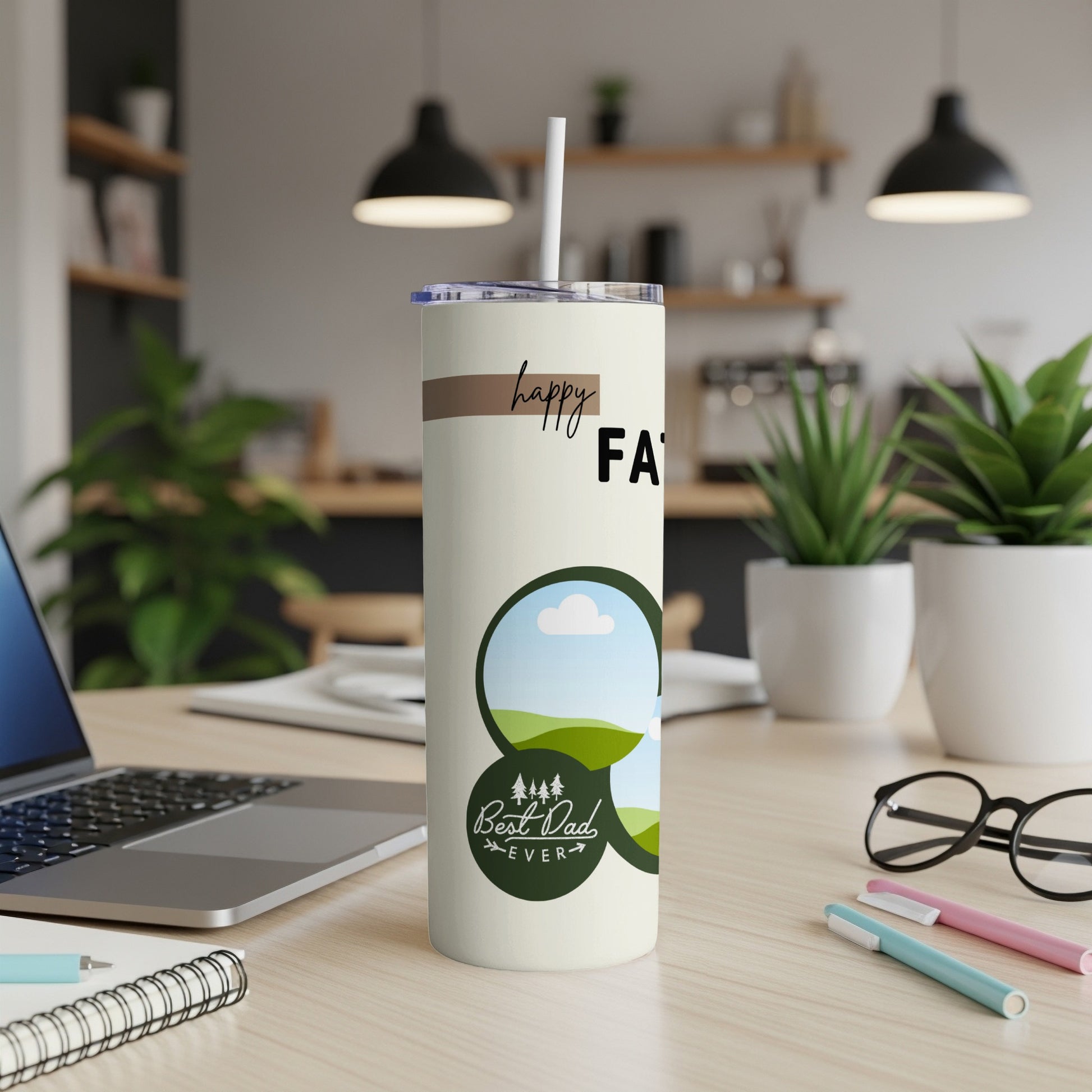Cream tumbler with "happy FATHER'S Day" and "Best Dad EVER" text.