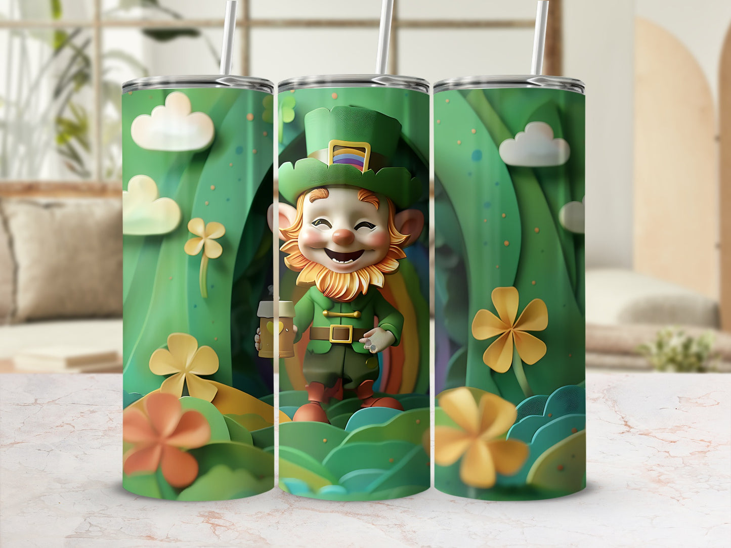 Leprechaun with lucky charms and rainbow backdrop on a tumbler.
