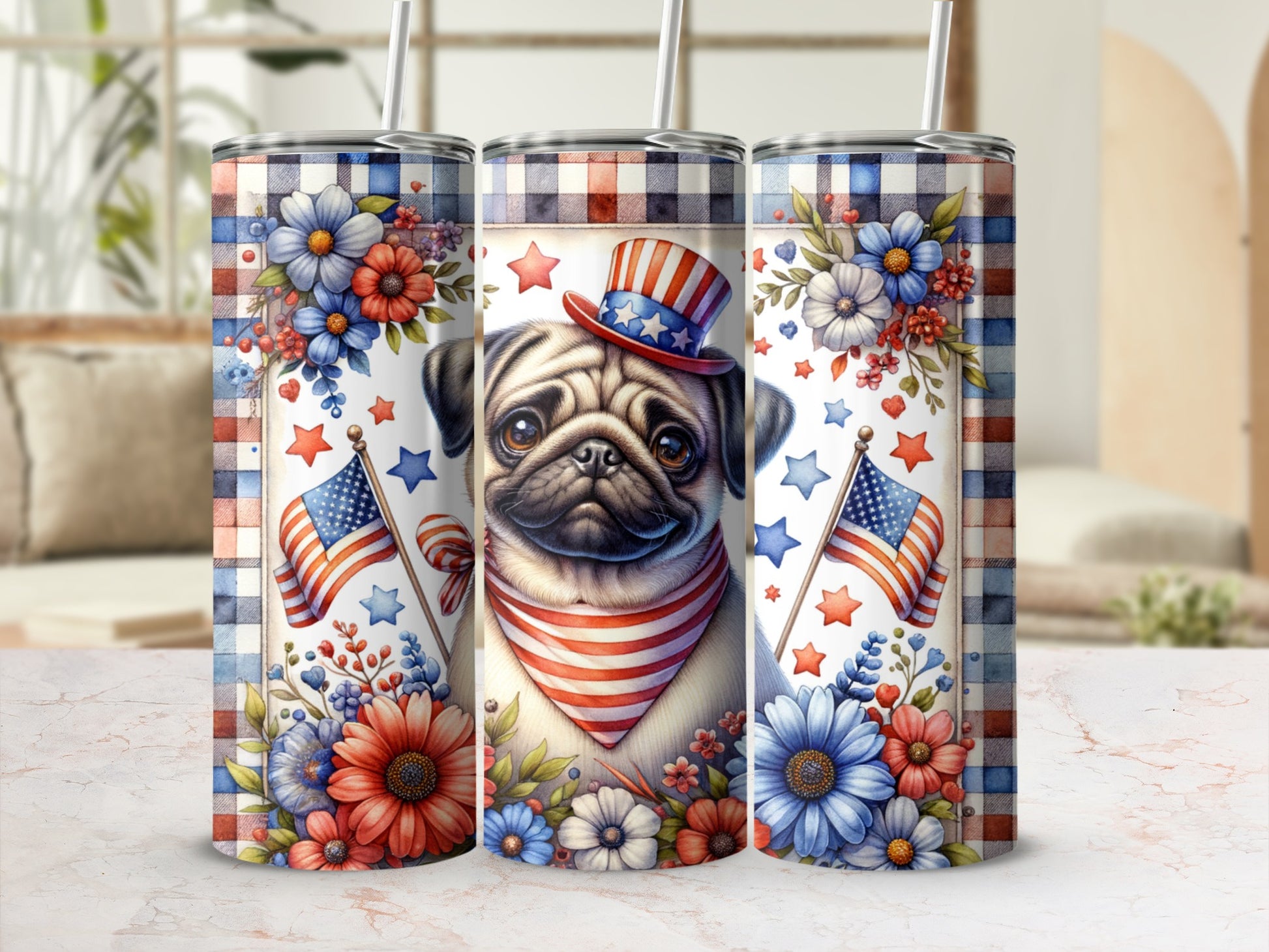 Pug wearing a patriotic hat and bandana, surrounded by flowers and flags.