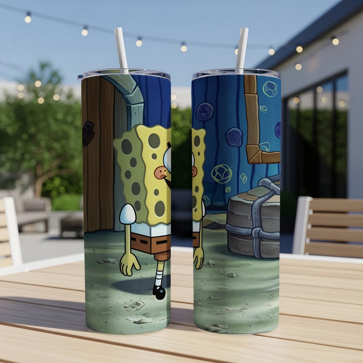 SpongeBob SquarePants character on a stainless steel tumbler.