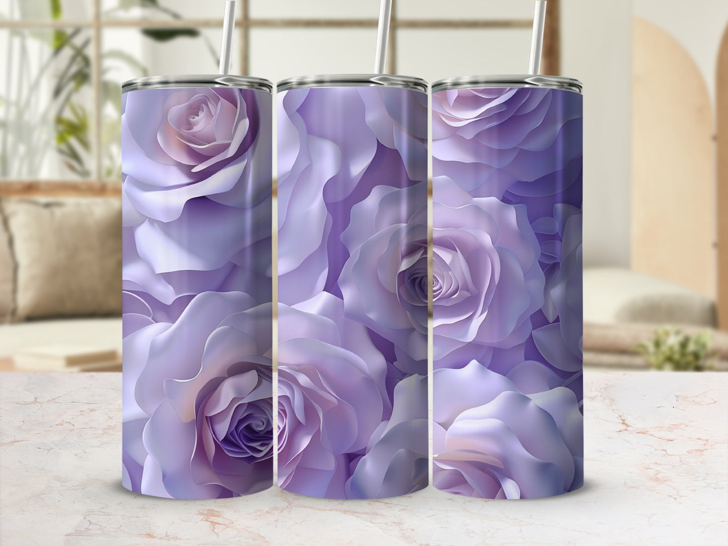 Three tumblers with a purple rose floral pattern.