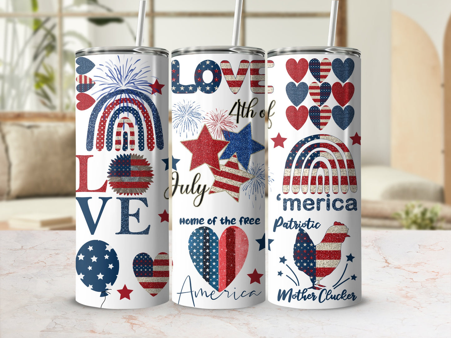 Tumbler with patriotic "LOVE America" design featuring hearts, stars, and fireworks.