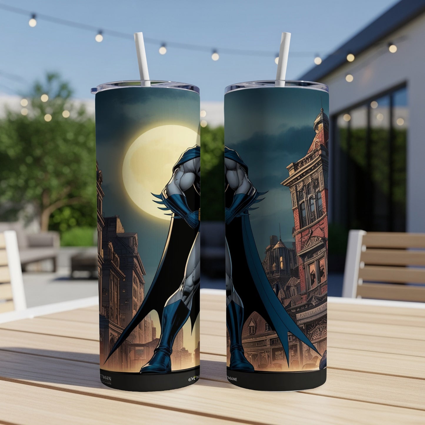 Batman standing in a city scene on two tumblers with straws.