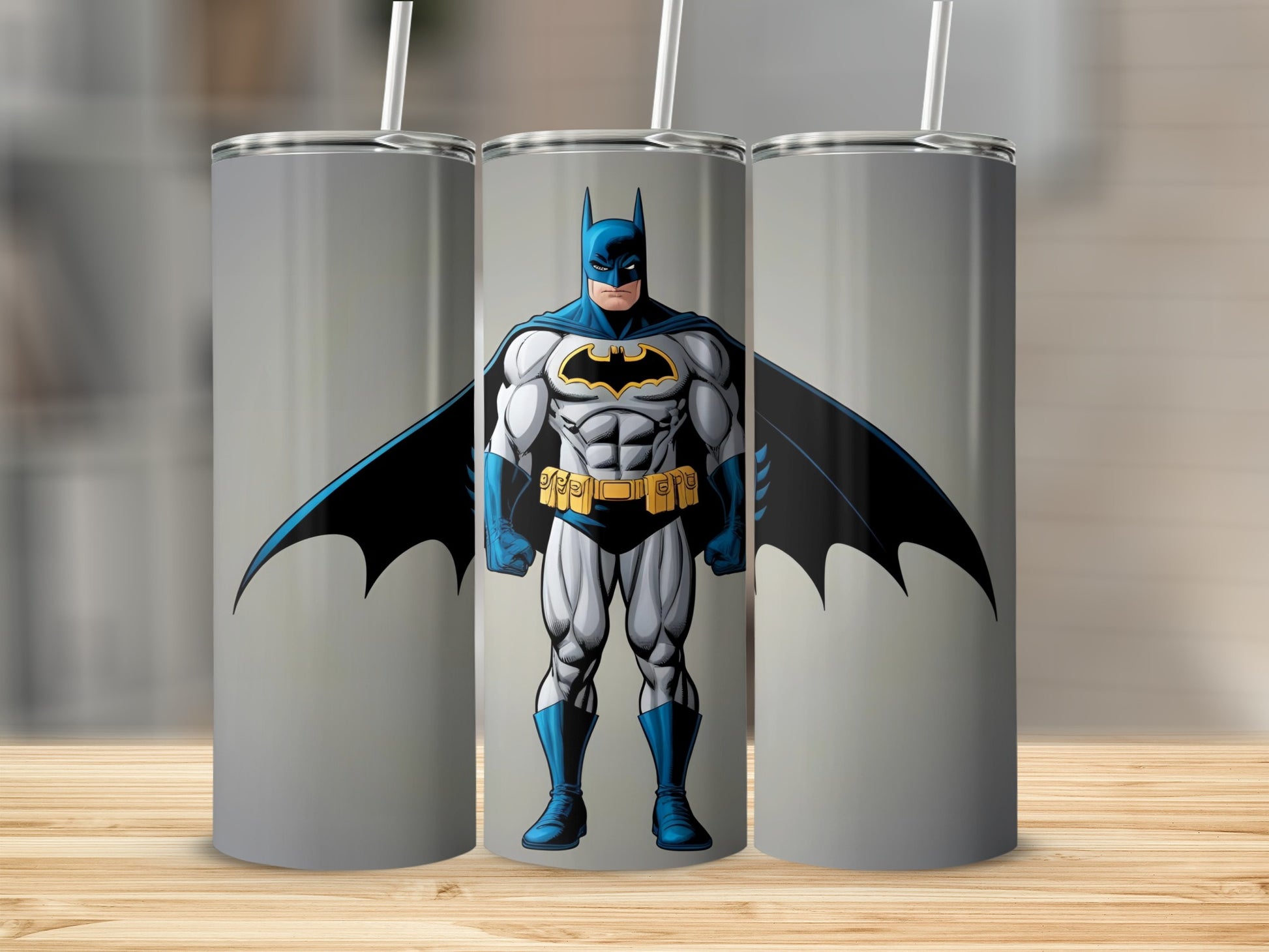 Batman standing in superhero pose on a grey background.