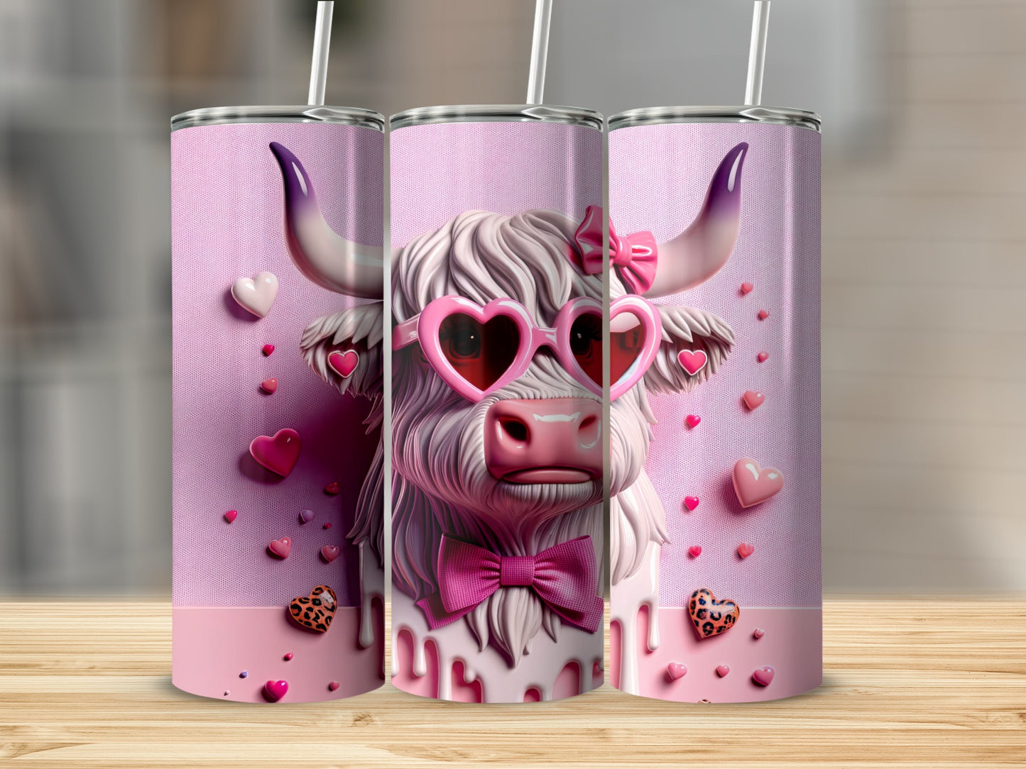 Pink Highland cow wearing heart sunglasses and a bow tie, surrounded by hearts.