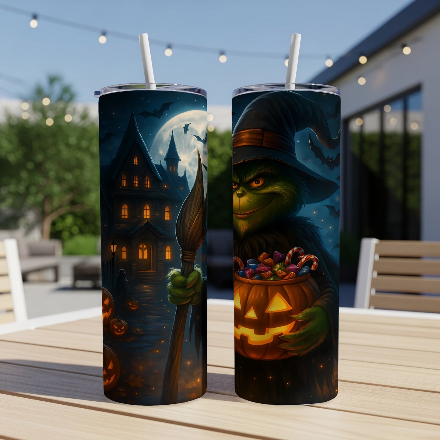 Two tumblers featuring Halloween designs, one with a spooky house, another with the Grinch holding candy.