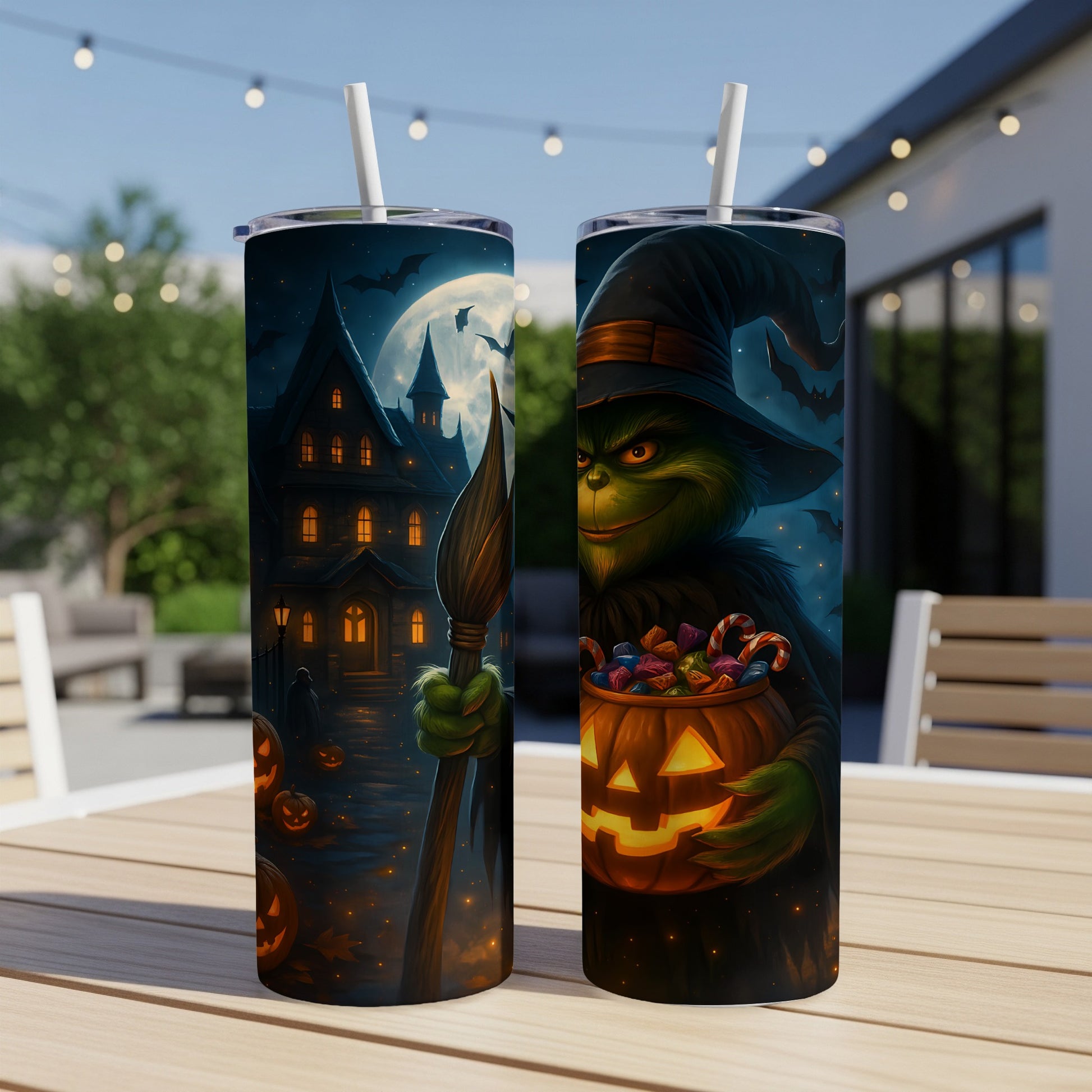 Two tumblers featuring Halloween designs, one with a spooky house, another with the Grinch holding candy.