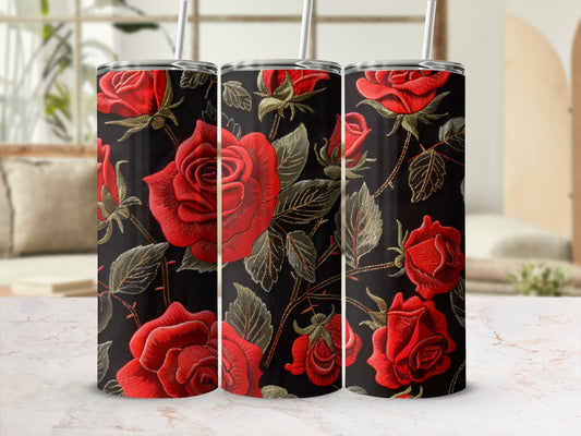 Black tumbler with embroidered red roses and green leaves pattern.
