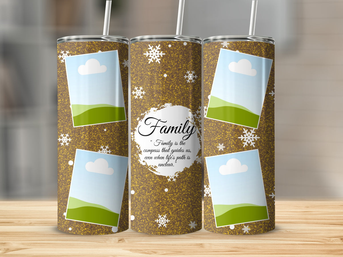 Tumblers with glitter, snowflakes, and the quote "Family is the compass that guides us."