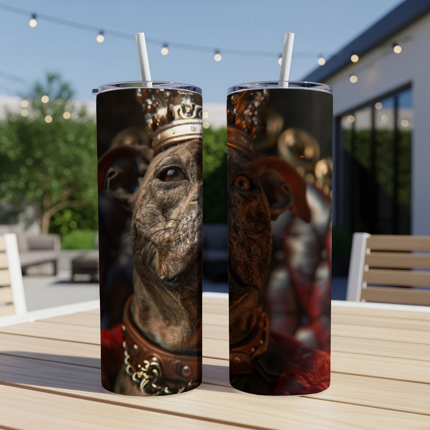 Dog with crown and collar on a tumbler.