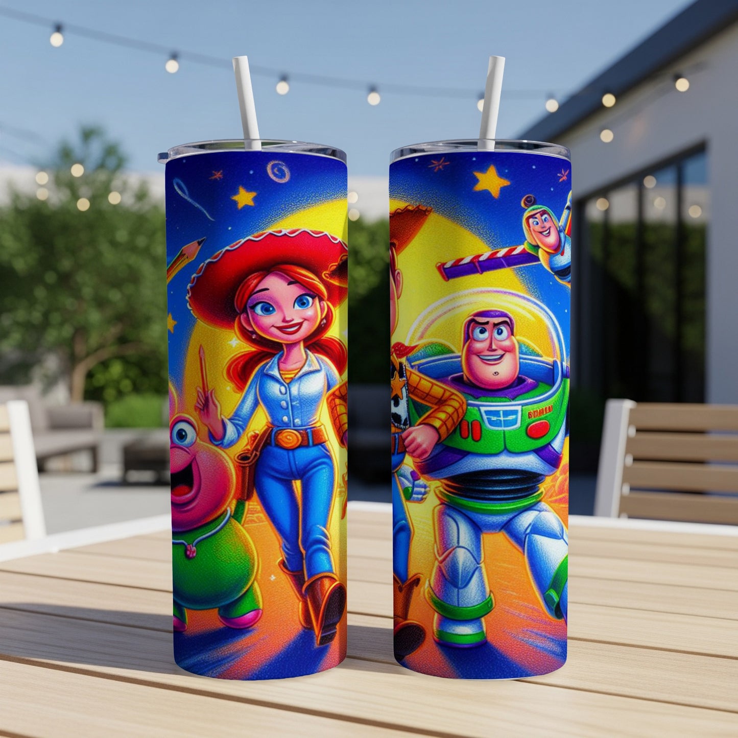 Jessie, Buzz Lightyear, and Aliens from Toy Story on a colorful tumbler.