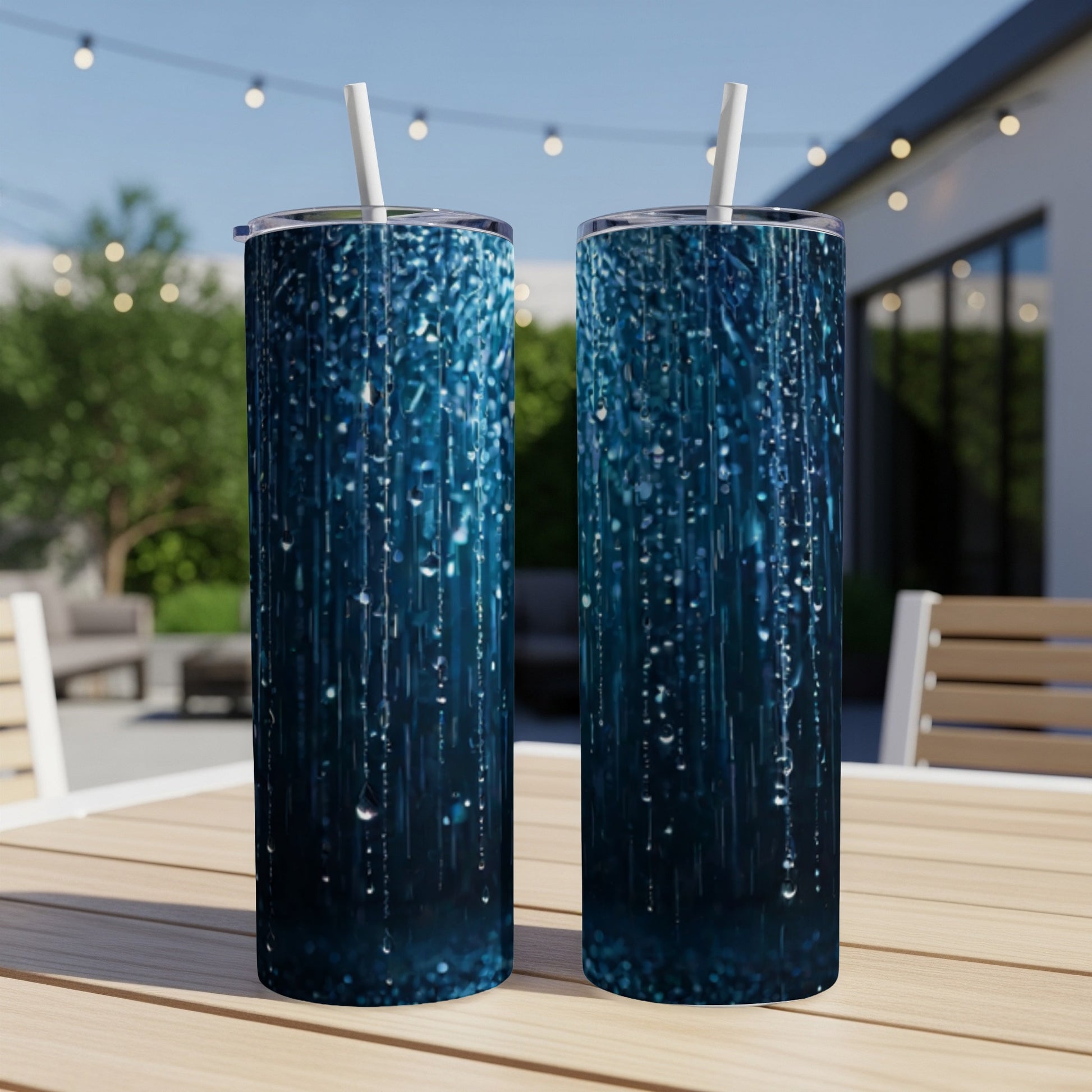 Two tall tumblers with a blue glitter and raindrop pattern.