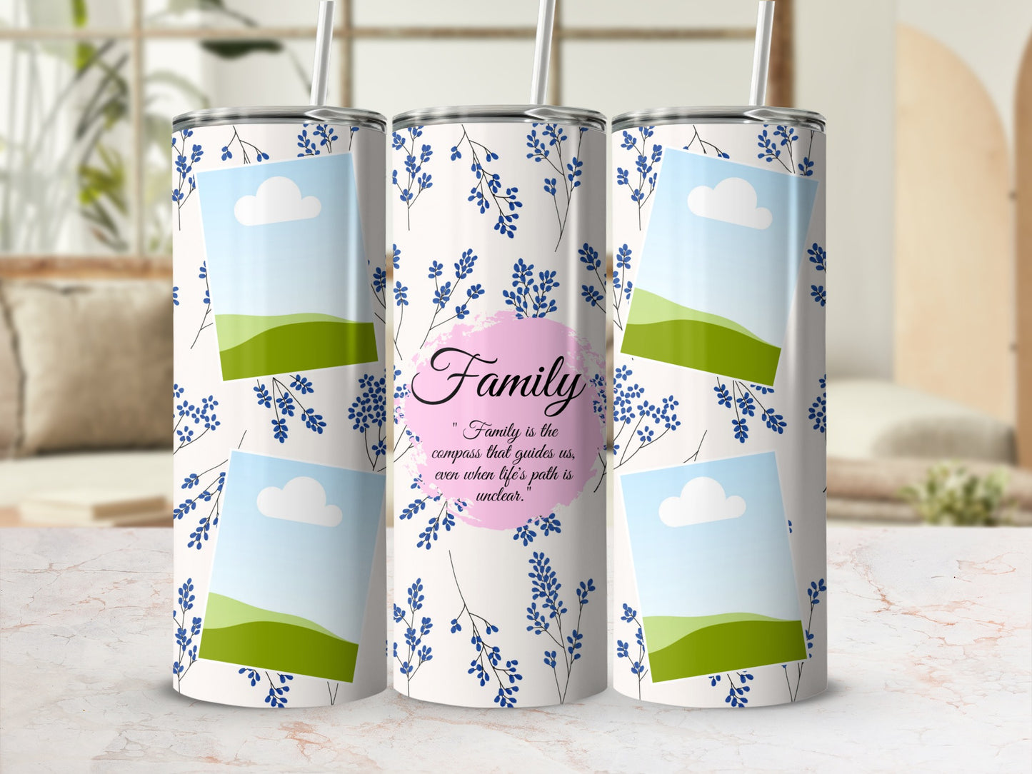 Tumbler with blue floral pattern, photo placeholders, and "Family" quote.