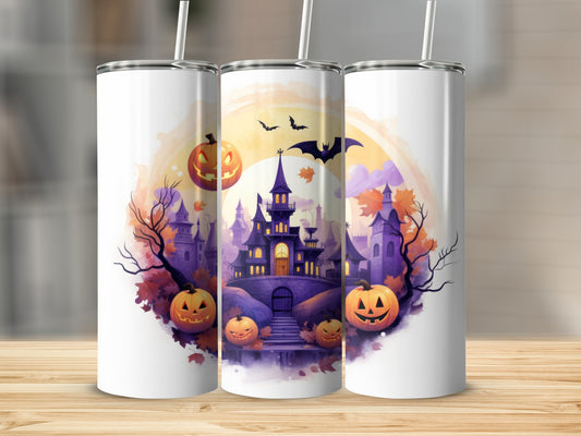Three tumblers decorated with a Halloween scene of a spooky castle, pumpkins, and bats.